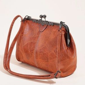 Segater® Women Retro Hollow Oil Wax PU Leather Handbag Kiss Lock Crossbody Purse
